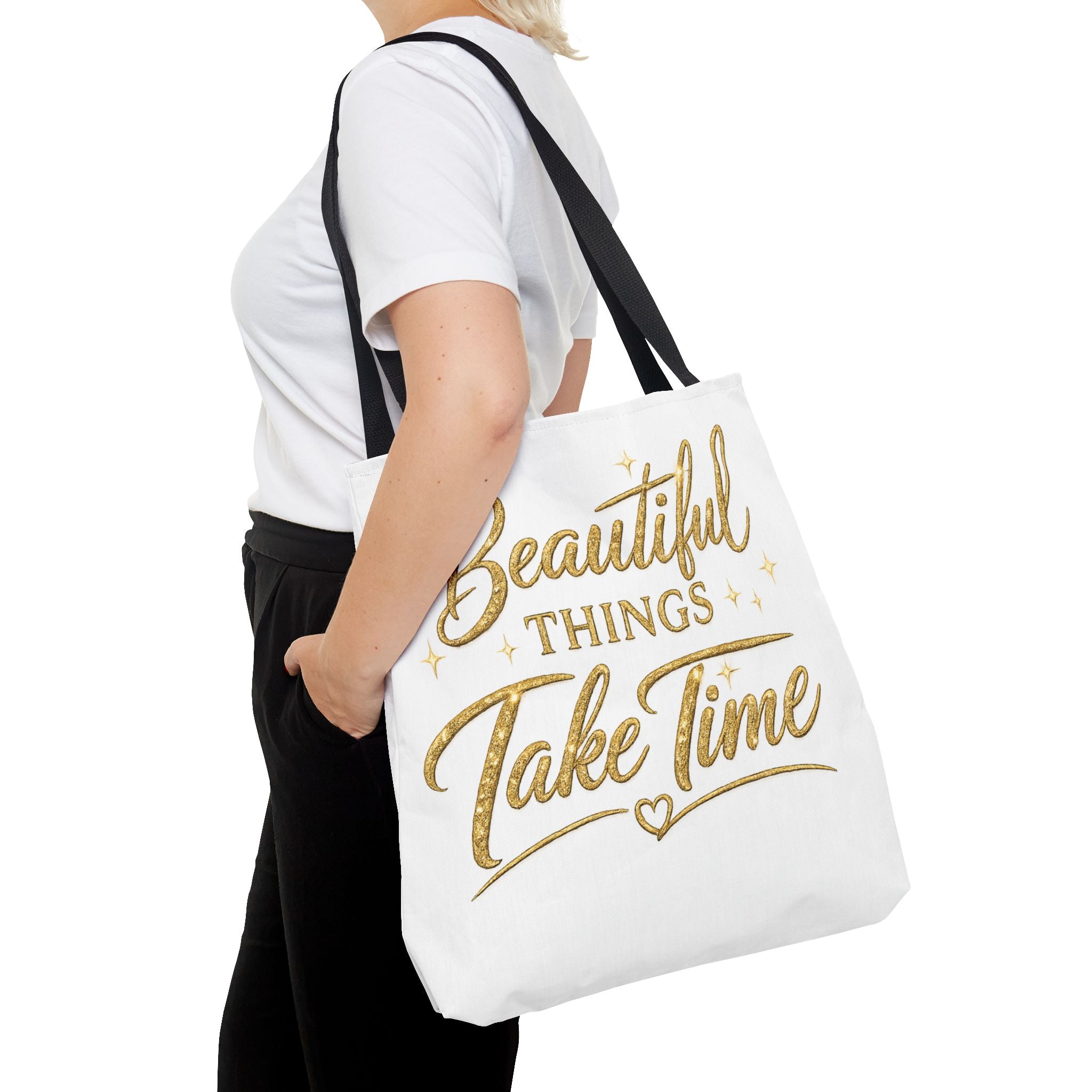 Unisex Beautiful Things Take Time Tote Bag — Inspirational Gold Script Tote