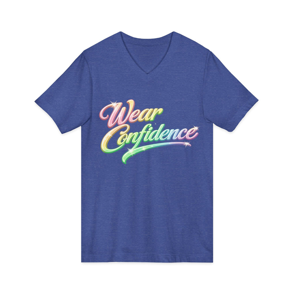 Wear Confidence V‑Neck Tee — Rainbow Script Inspirational T‑Shirt