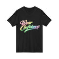 Wear Confidence V‑Neck Tee — Rainbow Script Inspirational T‑Shirt