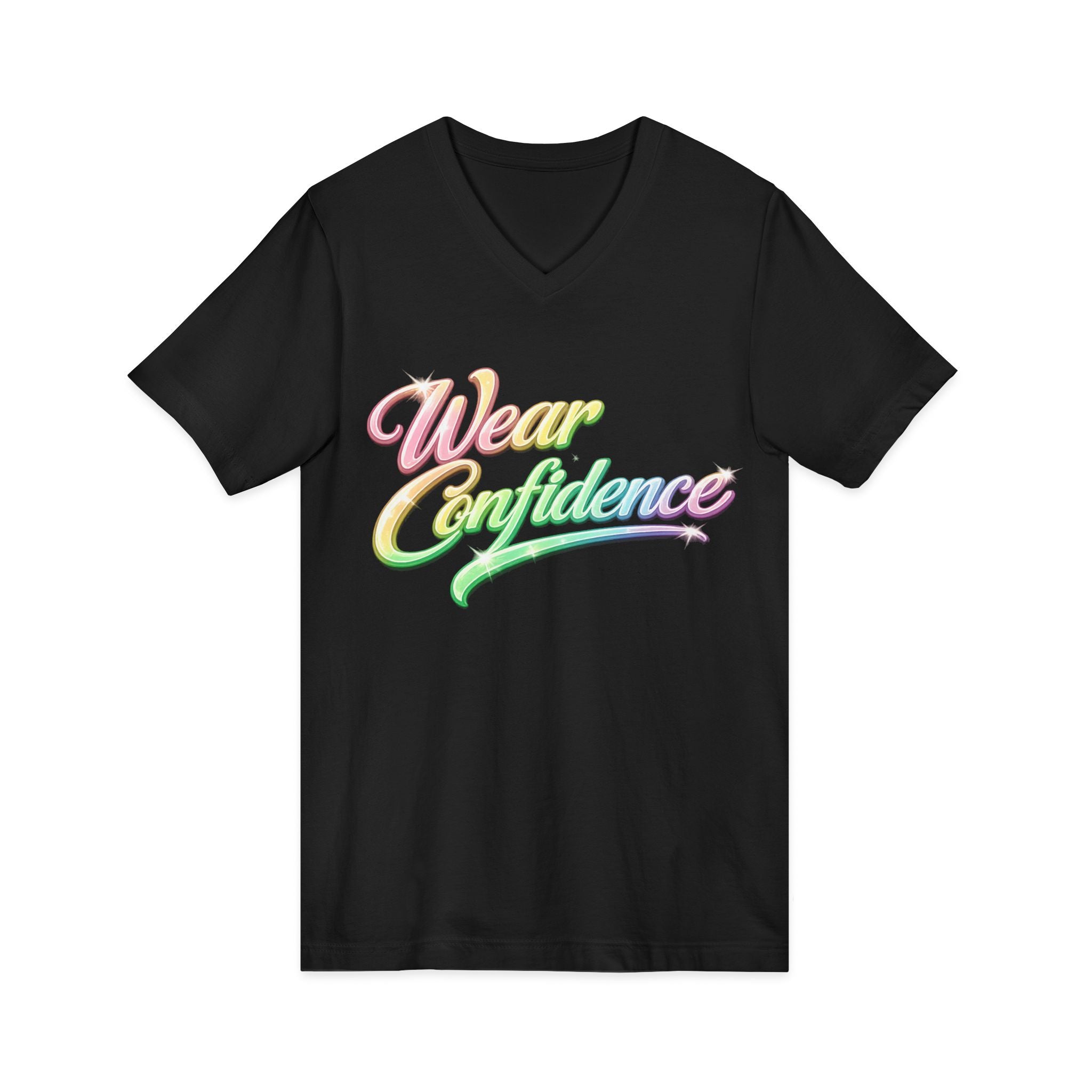 Wear Confidence V‑Neck Tee — Rainbow Script Inspirational T‑Shirt