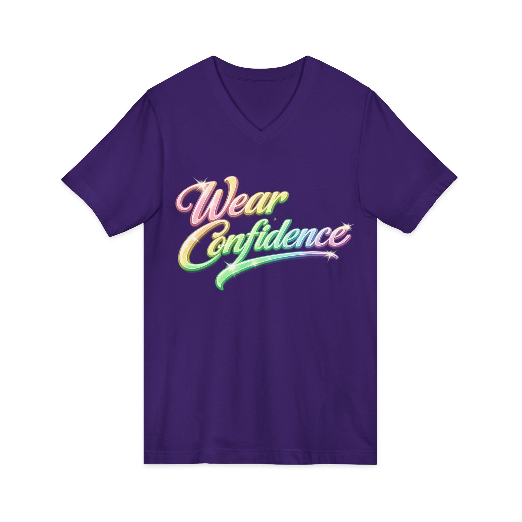 Wear Confidence V‑Neck Tee — Rainbow Script Inspirational T‑Shirt