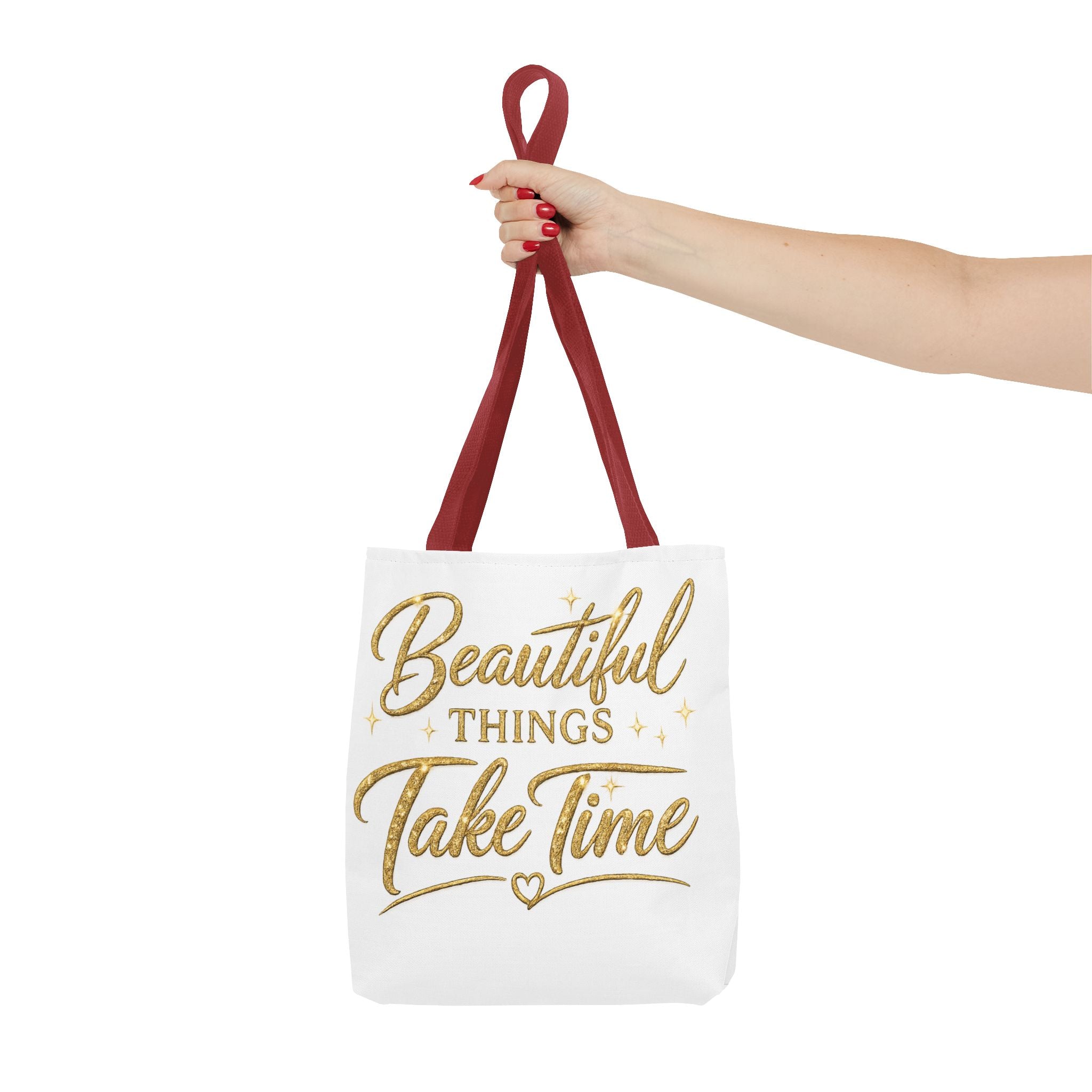 Unisex Beautiful Things Take Time Tote Bag — Inspirational Gold Script Tote