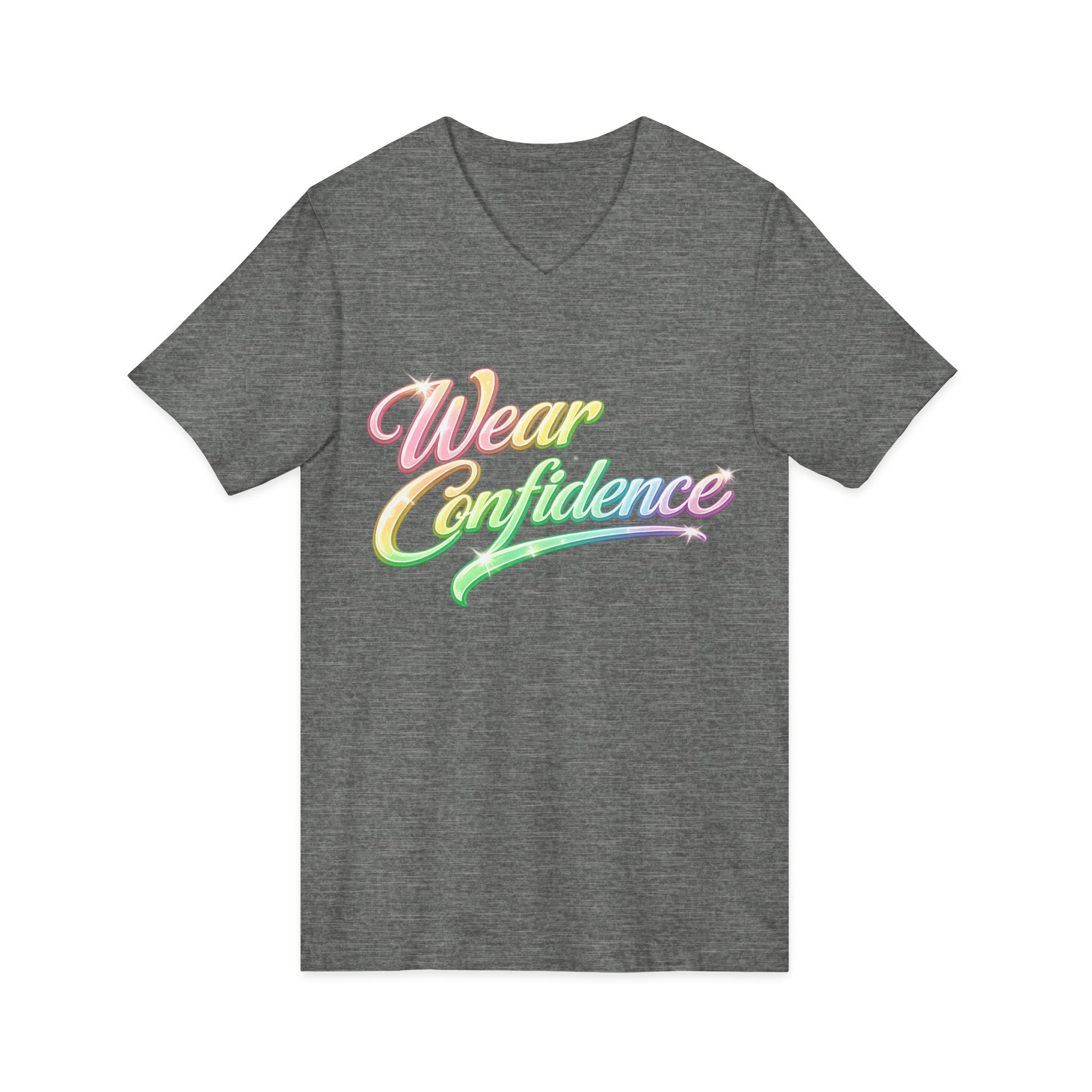 Wear Confidence V‑Neck Tee — Rainbow Script Inspirational T‑Shirt