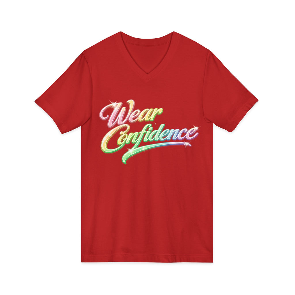 Wear Confidence V‑Neck Tee — Rainbow Script Inspirational T‑Shirt