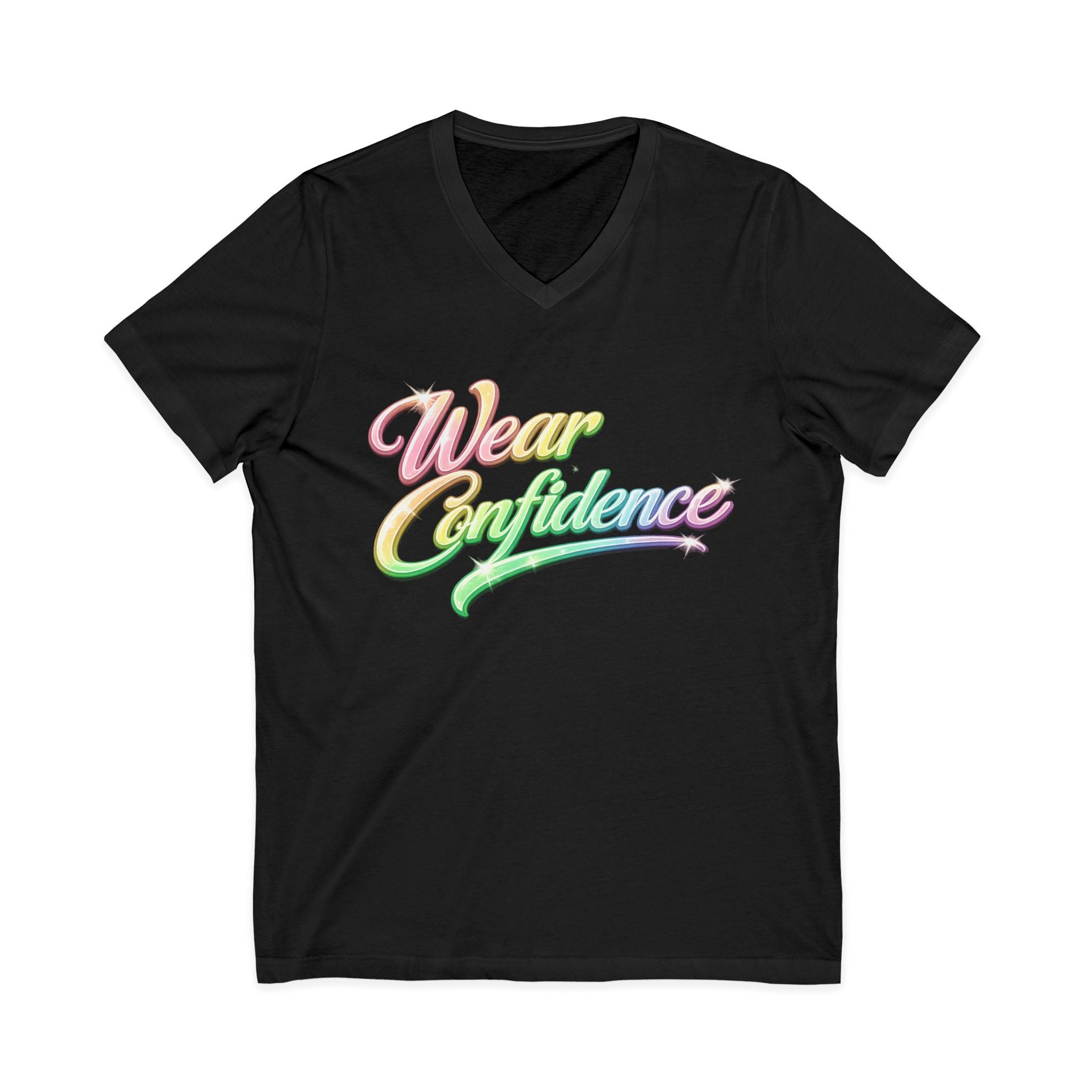 Wear Confidence V‑Neck Tee — Rainbow Script Inspirational T‑Shirt
