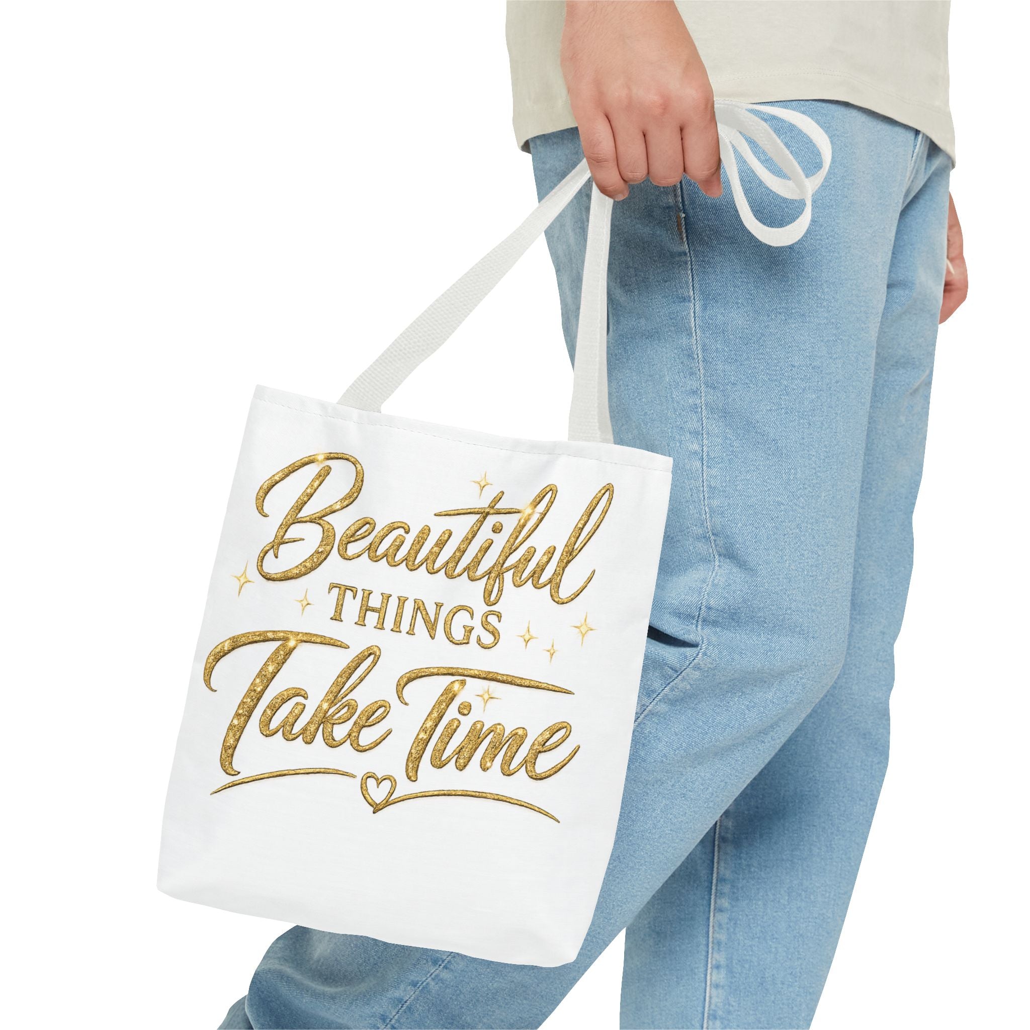 Unisex Beautiful Things Take Time Tote Bag — Inspirational Gold Script Tote