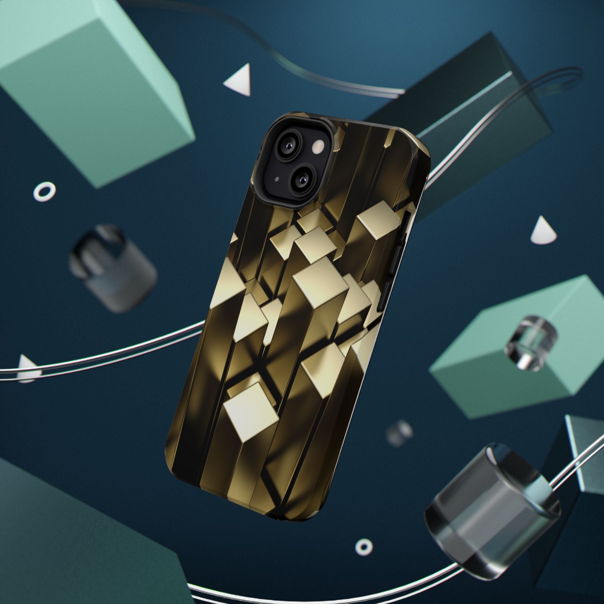 Impact-Resistant Phone Case — Gold Geometric 3D Cubes
