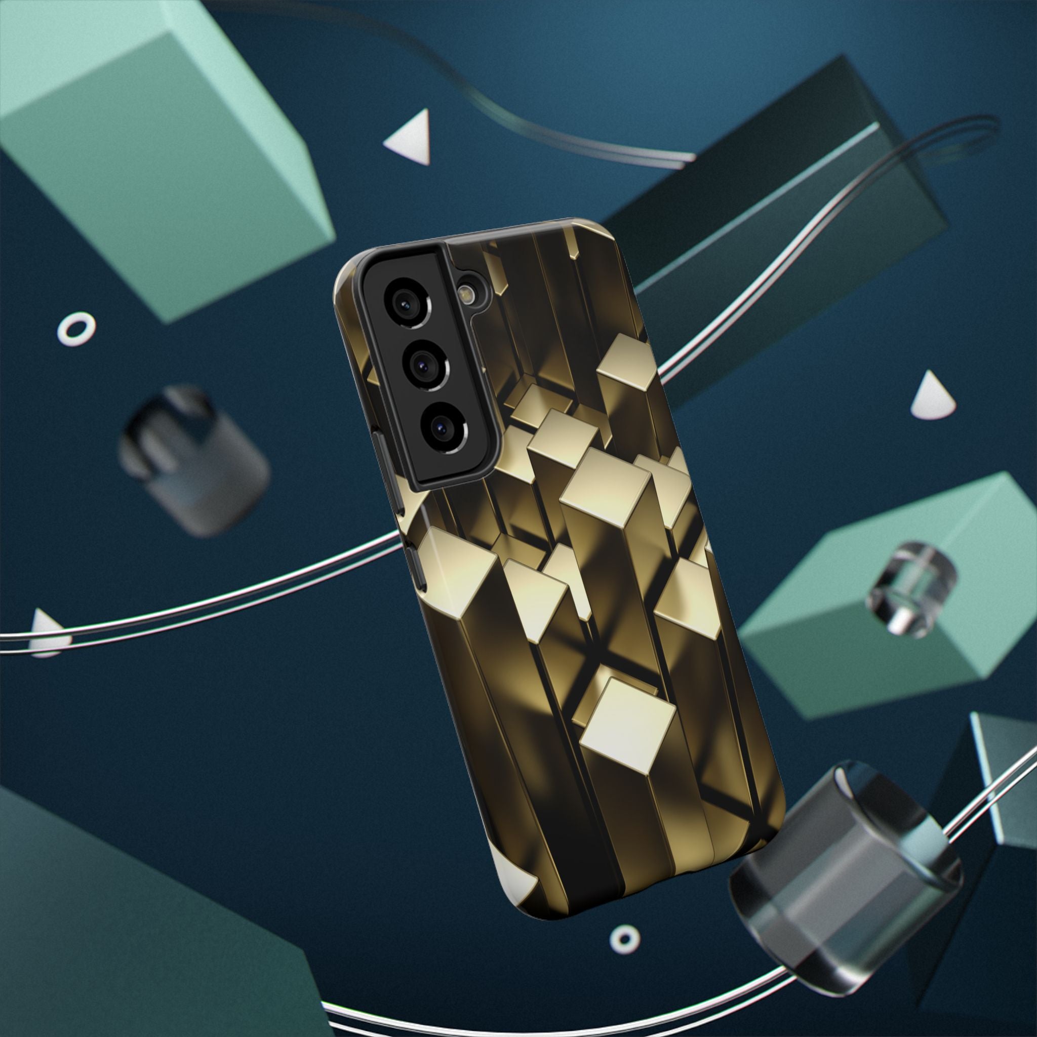 Impact-Resistant Phone Case — Gold Geometric 3D Cubes