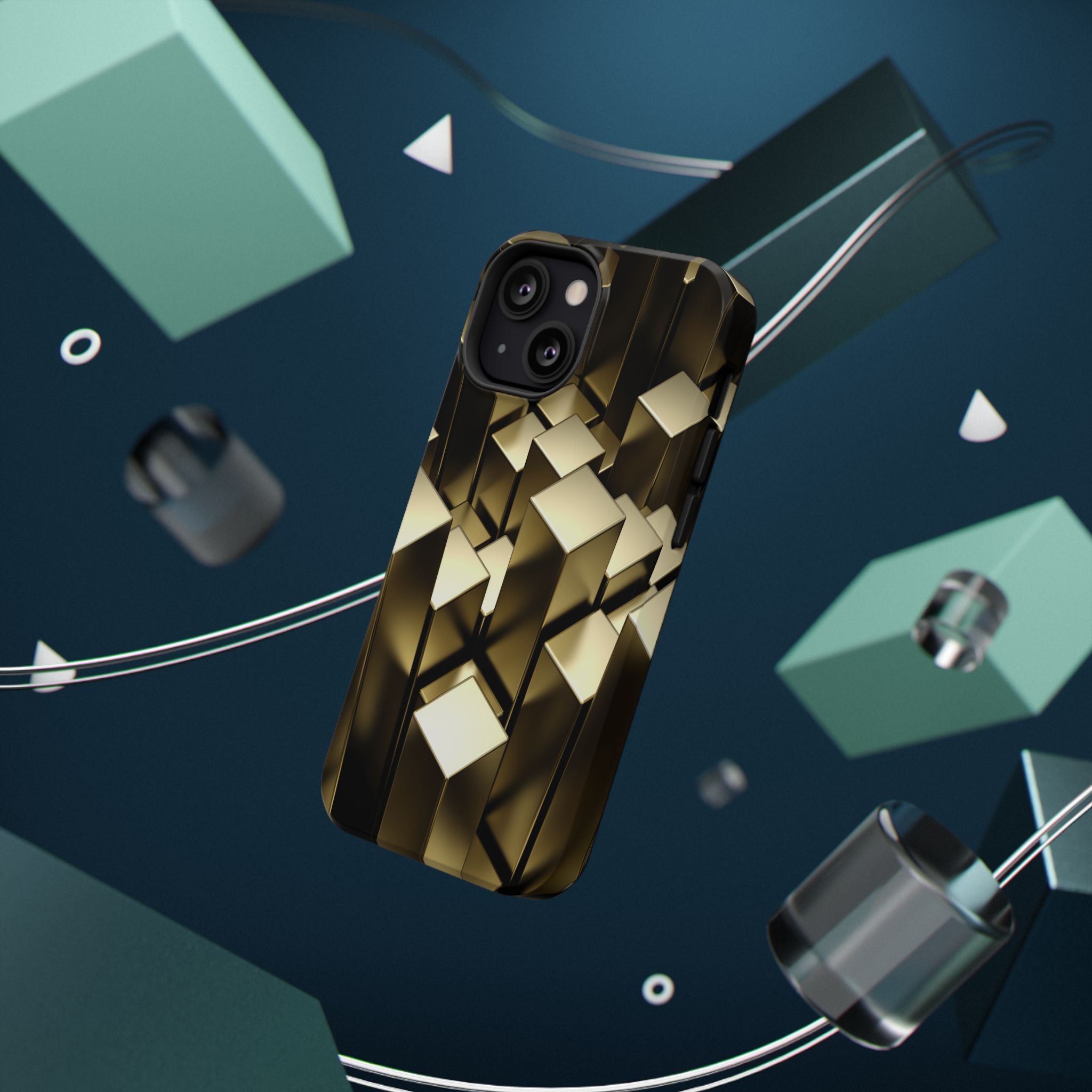 Impact-Resistant Phone Case — Gold Geometric 3D Cubes
