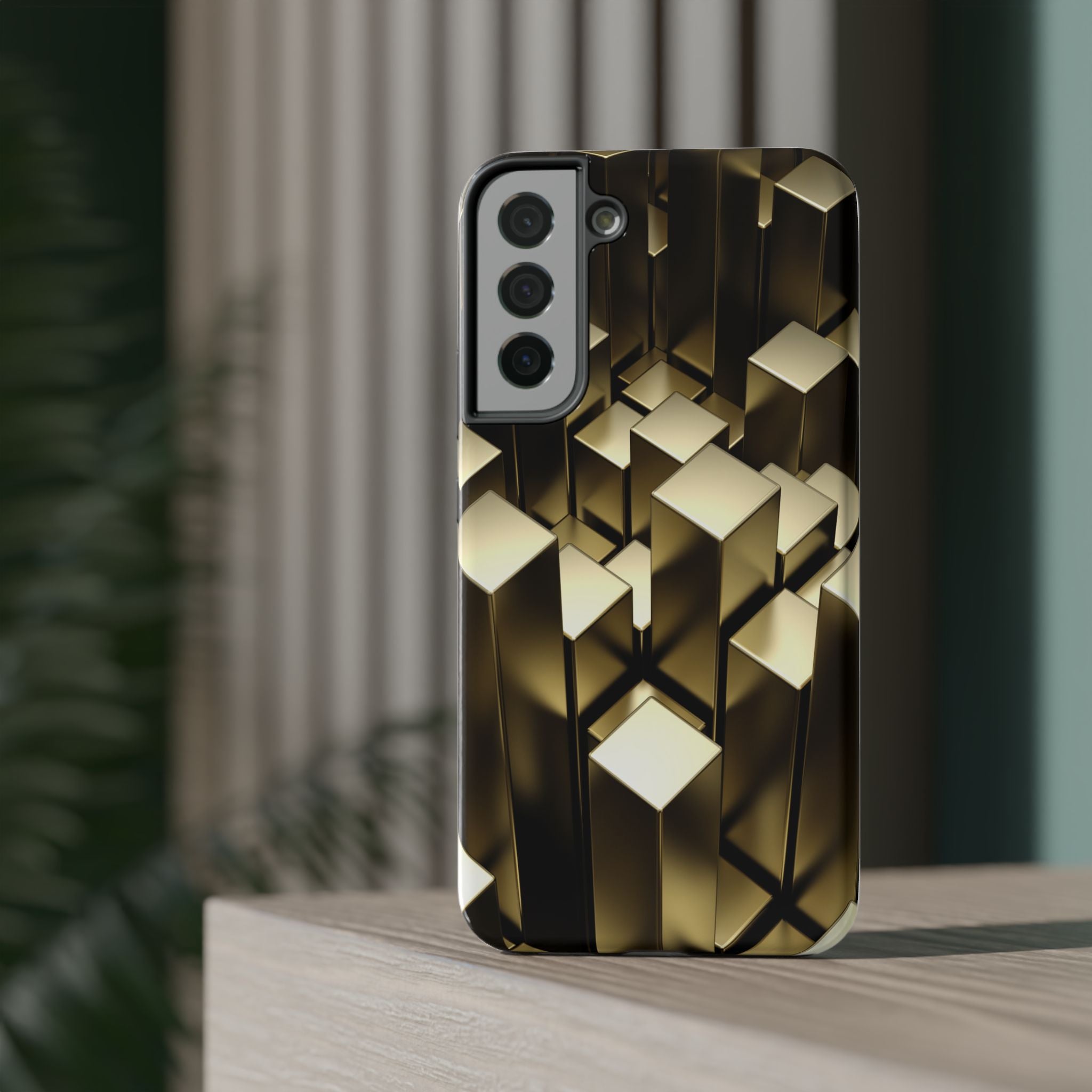 Impact-Resistant Phone Case — Gold Geometric 3D Cubes