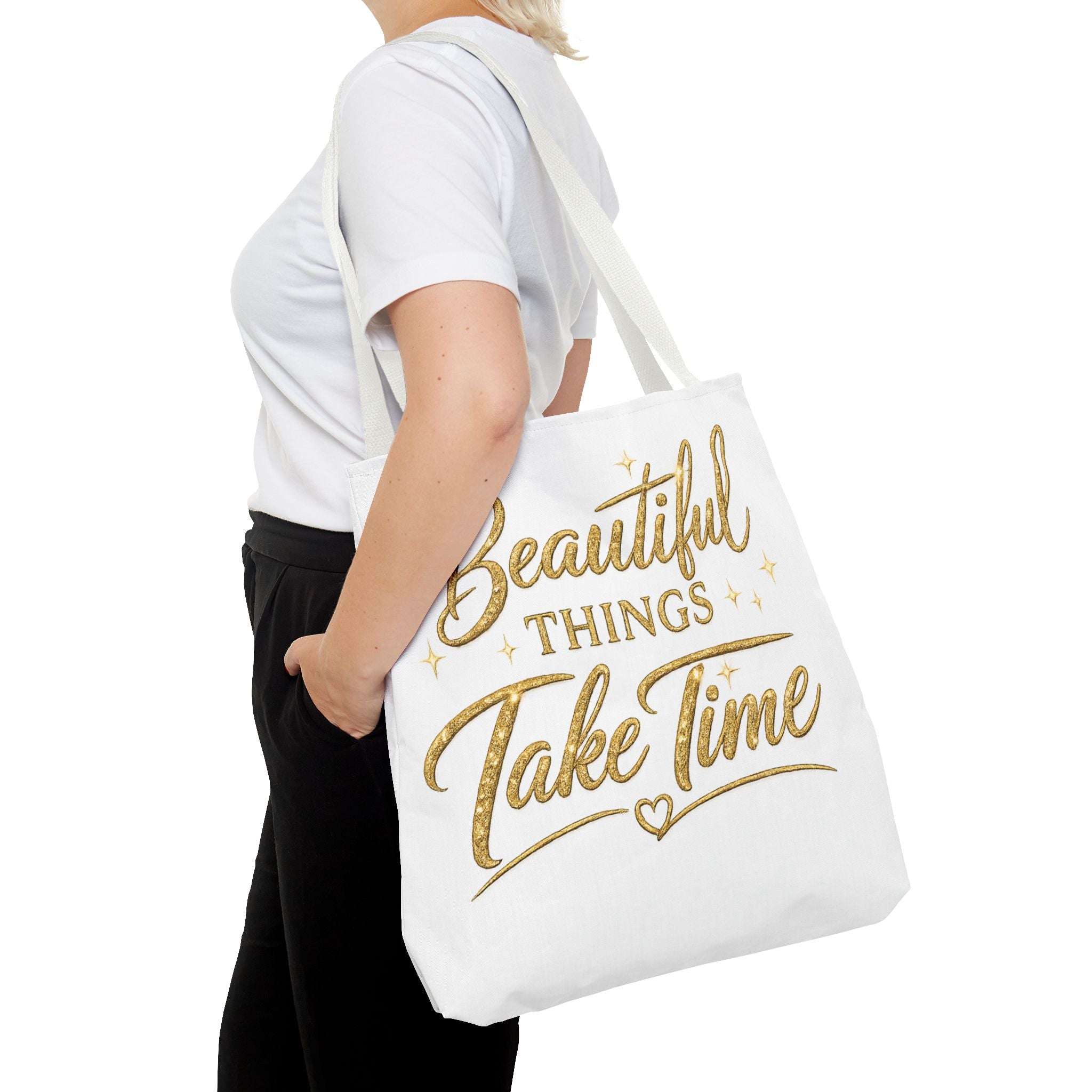 Unisex Beautiful Things Take Time Tote Bag — Inspirational Gold Script Tote