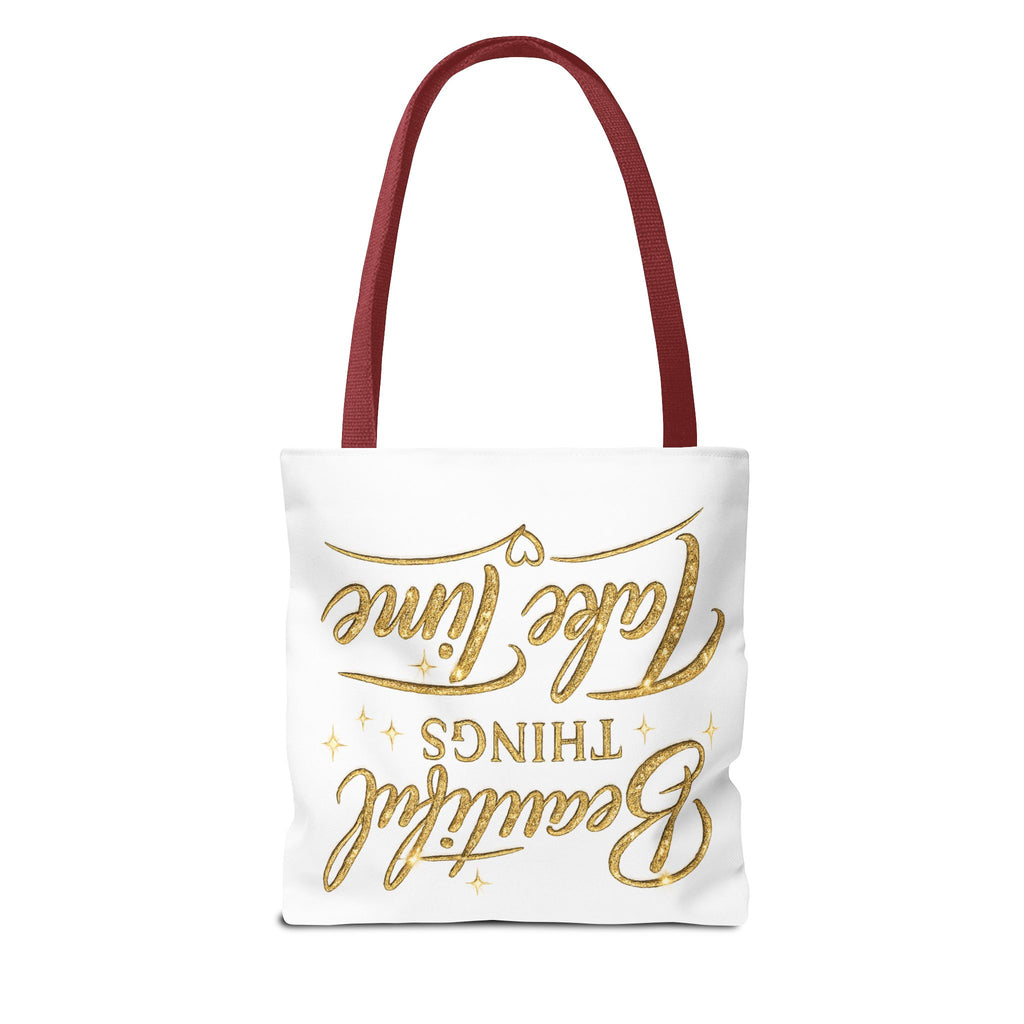 Unisex Beautiful Things Take Time Tote Bag — Inspirational Gold Script Tote