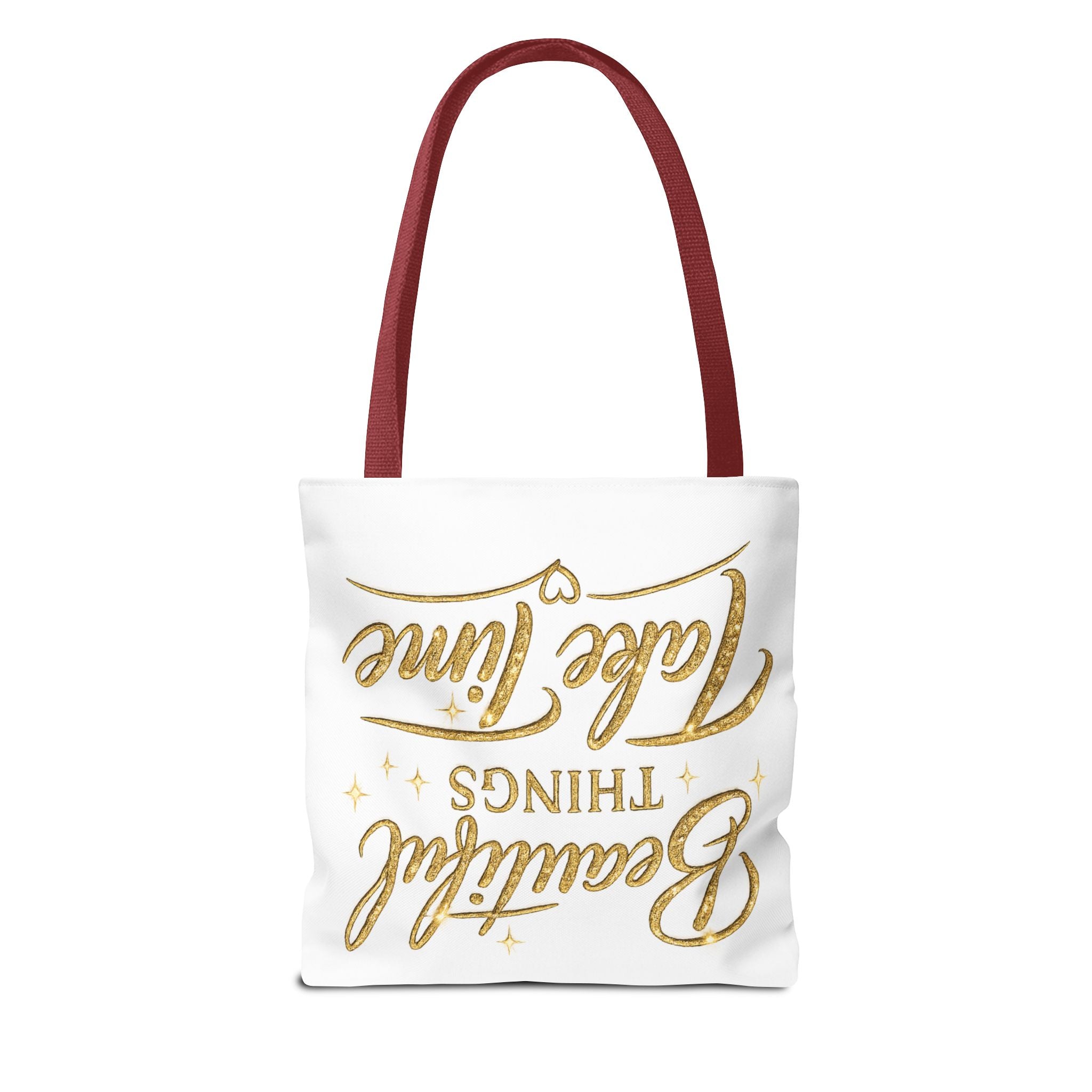 Unisex Beautiful Things Take Time Tote Bag — Inspirational Gold Script Tote