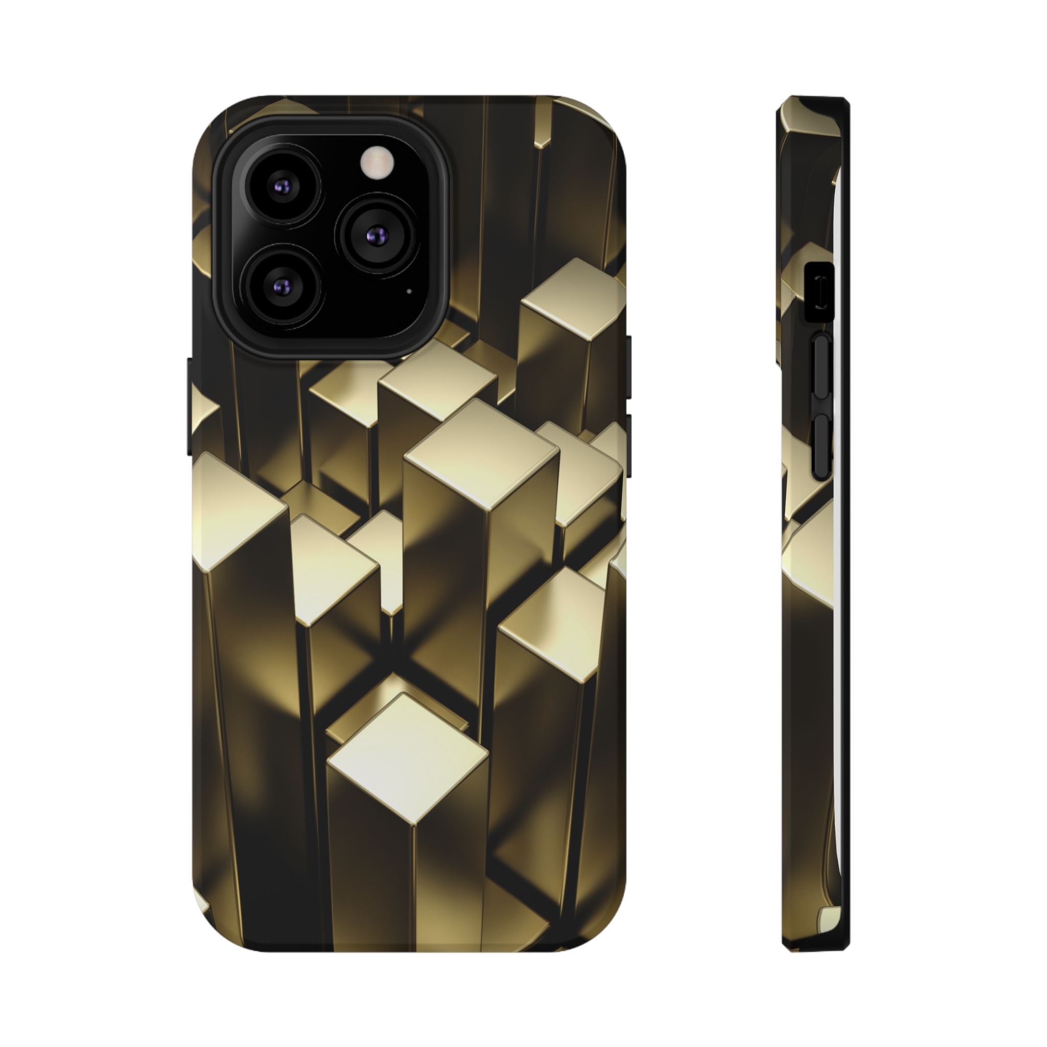 Impact-Resistant Phone Case — Gold Geometric 3D Cubes