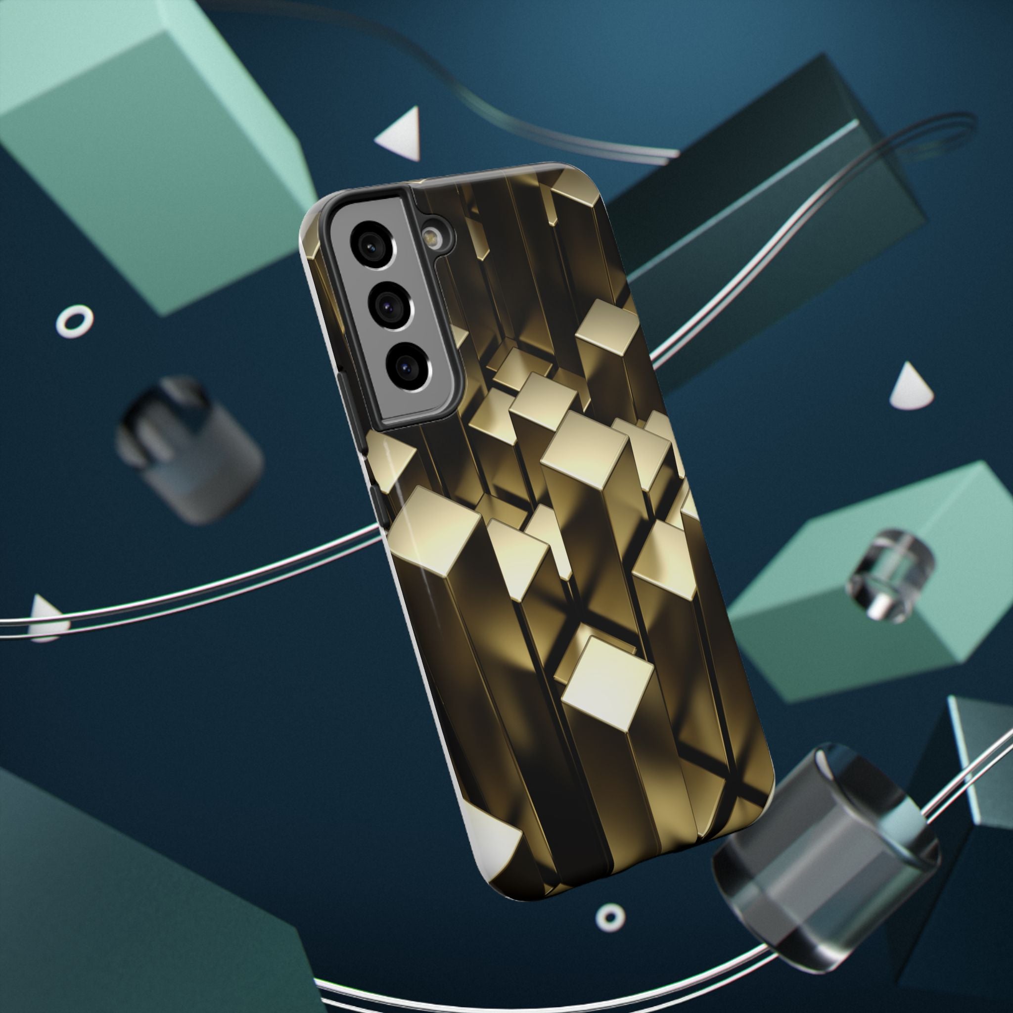 Impact-Resistant Phone Case — Gold Geometric 3D Cubes