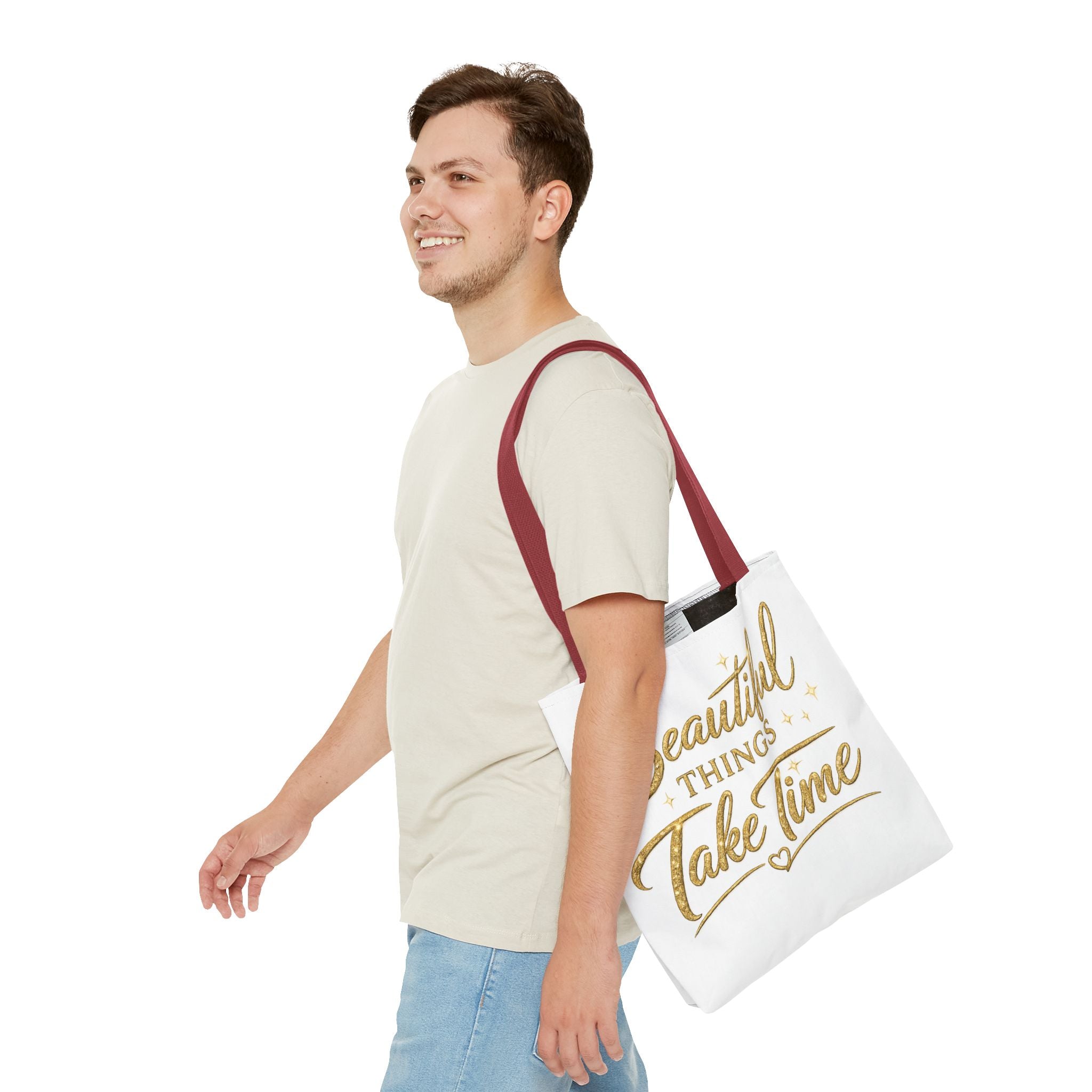 Unisex Beautiful Things Take Time Tote Bag — Inspirational Gold Script Tote