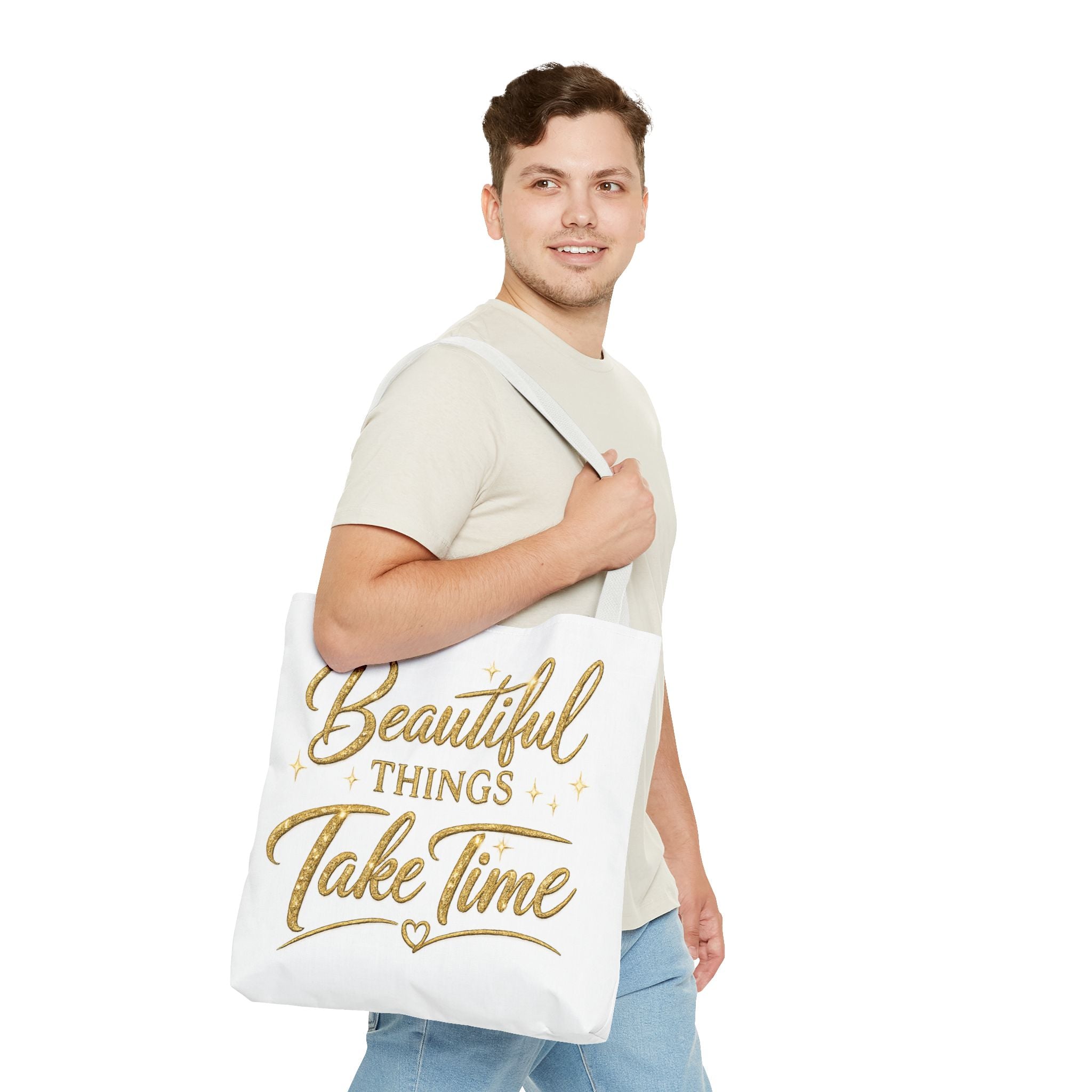 Unisex Beautiful Things Take Time Tote Bag — Inspirational Gold Script Tote