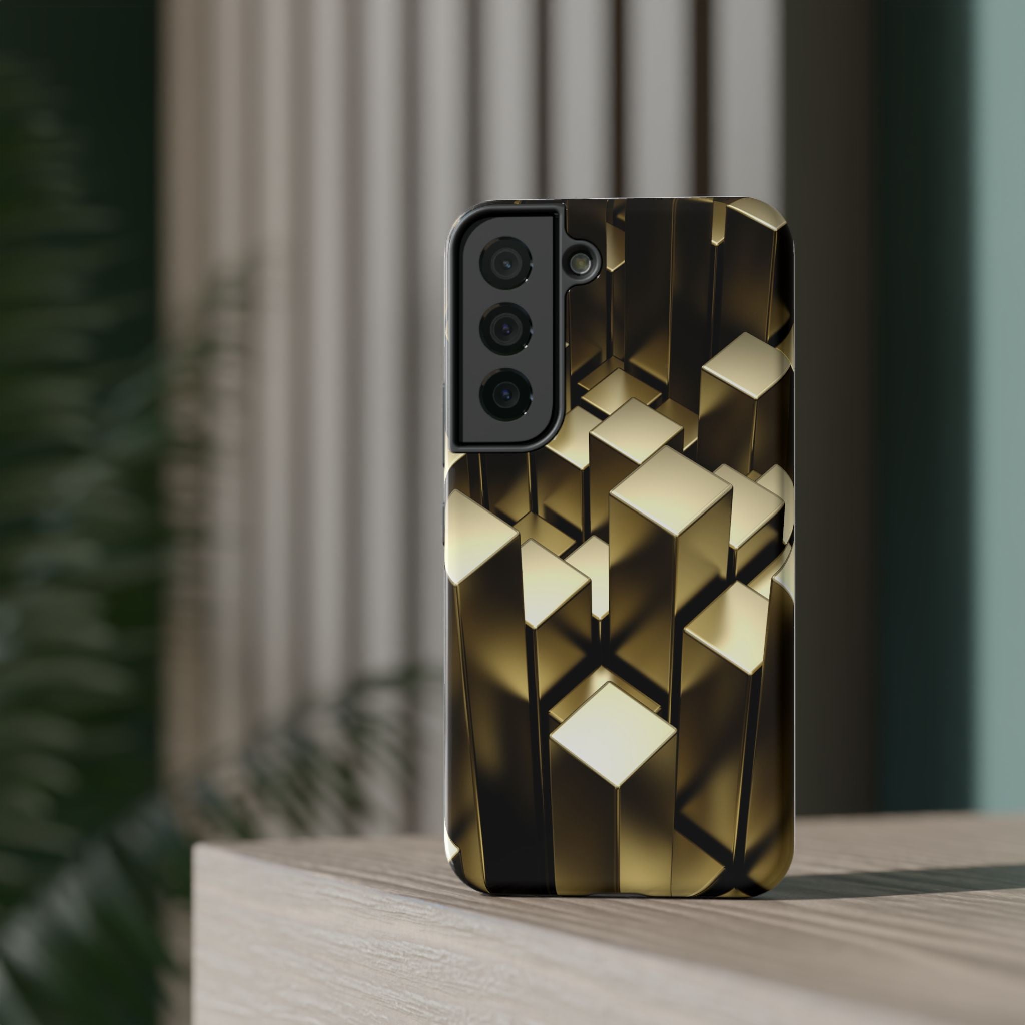 Impact-Resistant Phone Case — Gold Geometric 3D Cubes