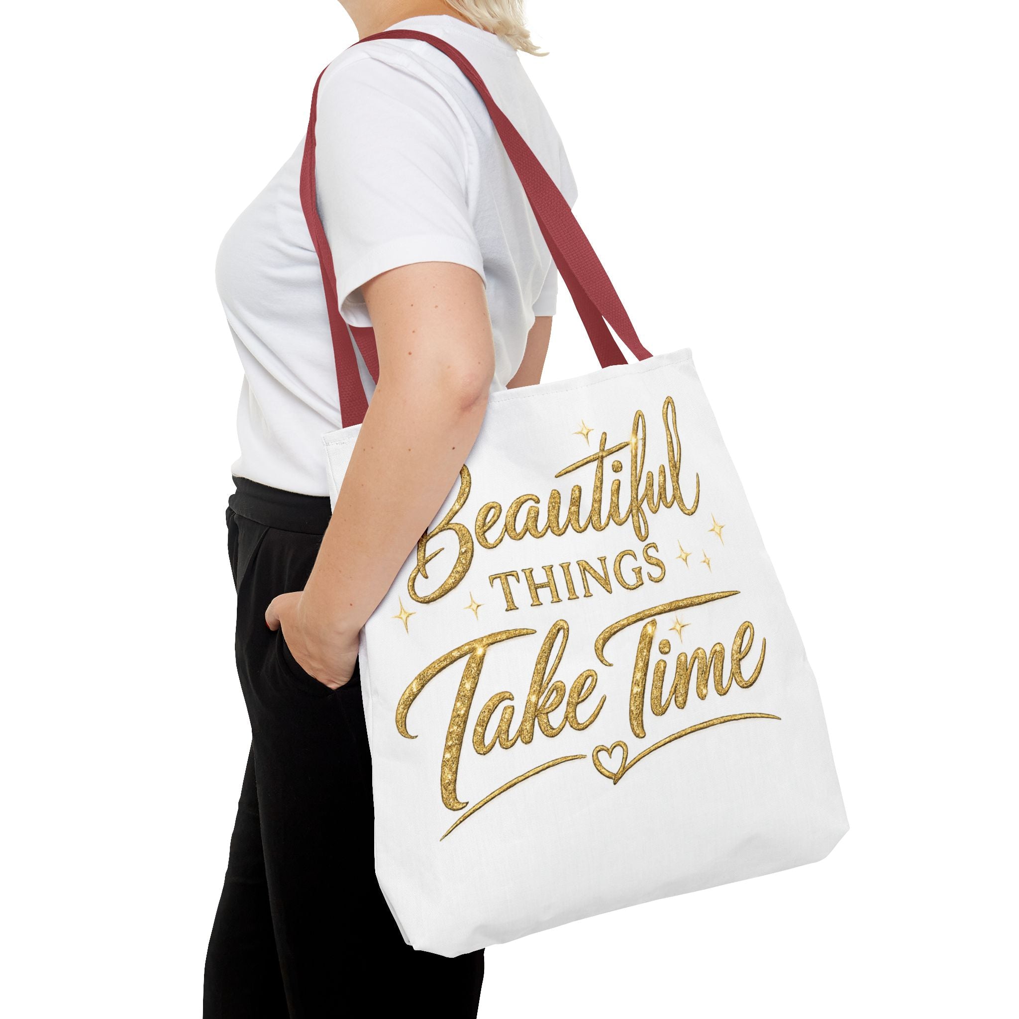 Unisex Beautiful Things Take Time Tote Bag — Inspirational Gold Script Tote