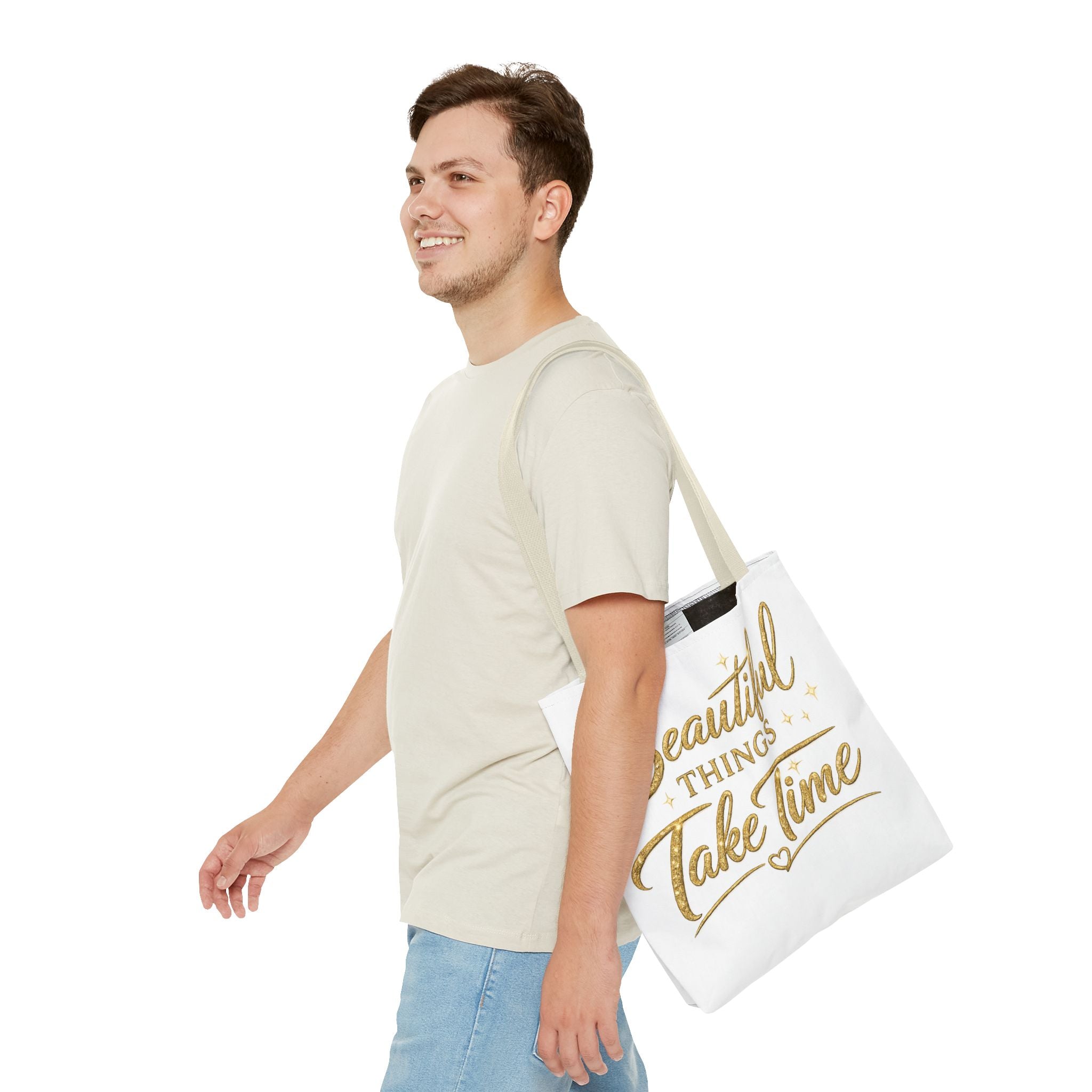 Unisex Beautiful Things Take Time Tote Bag — Inspirational Gold Script Tote