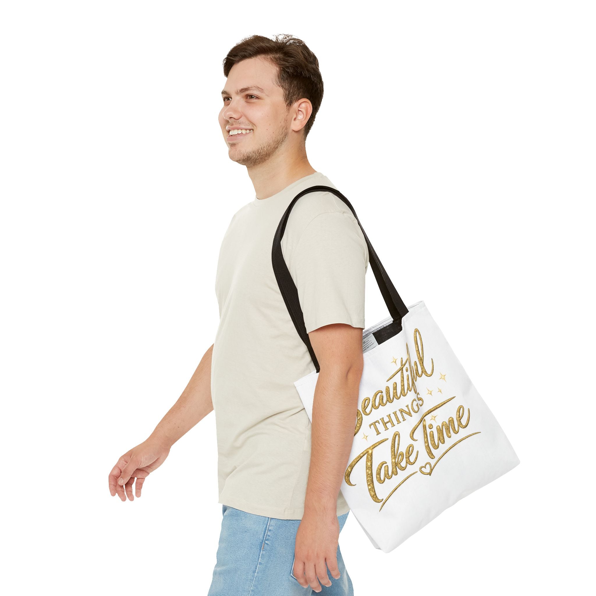Unisex Beautiful Things Take Time Tote Bag — Inspirational Gold Script Tote