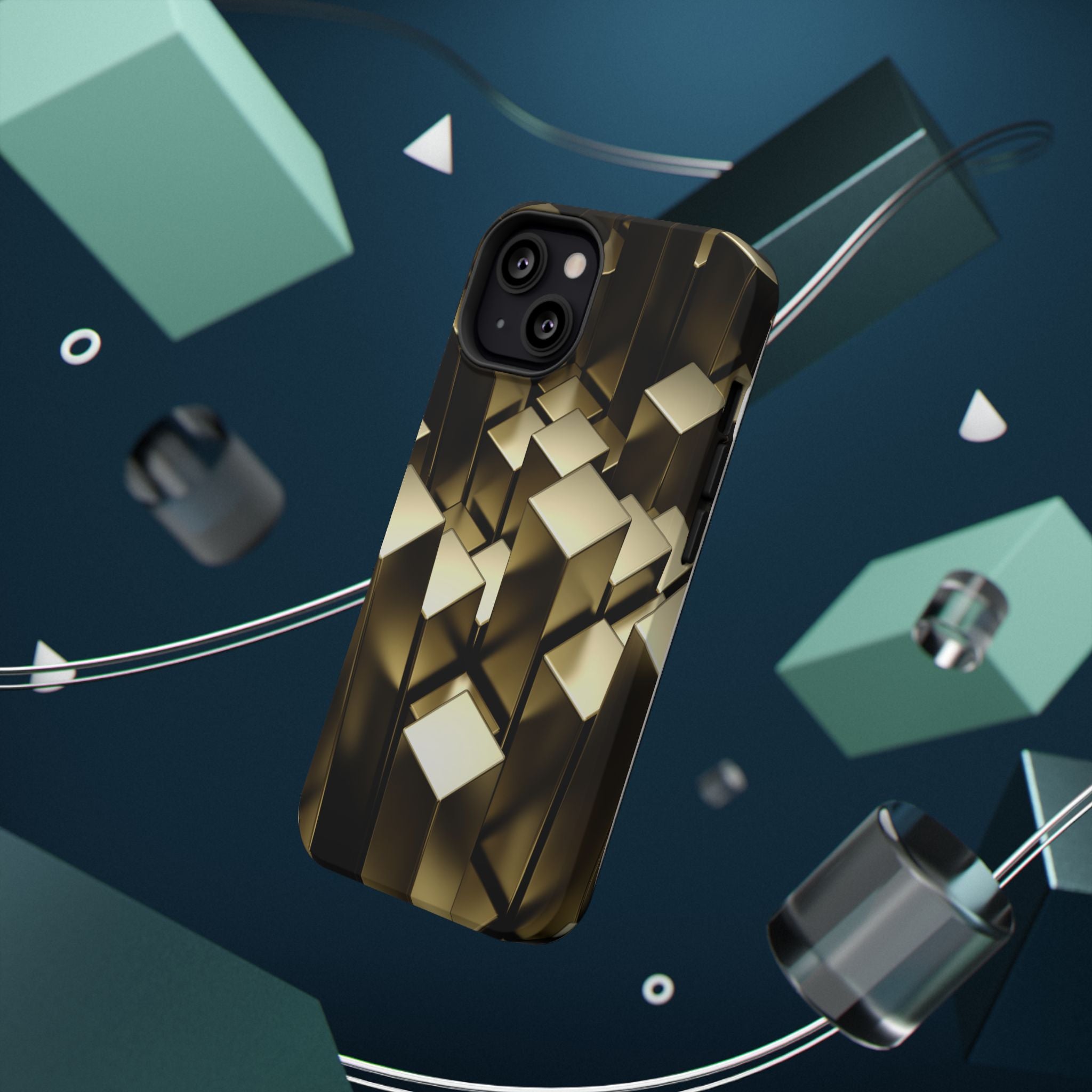 Impact-Resistant Phone Case — Gold Geometric 3D Cubes