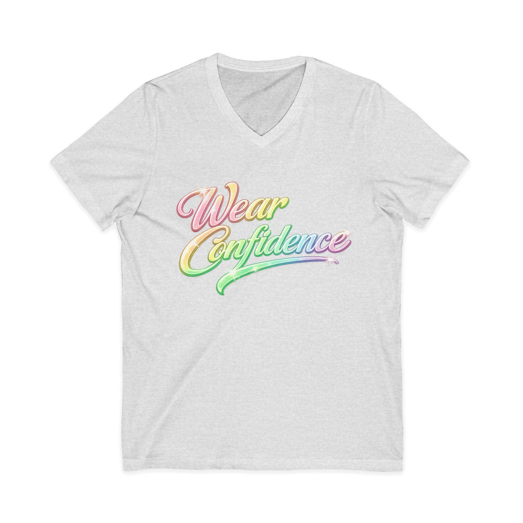 Wear Confidence V‑Neck Tee — Rainbow Script Inspirational T‑Shirt