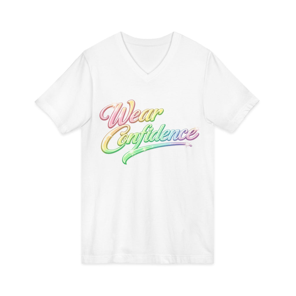 Wear Confidence V‑Neck Tee — Rainbow Script Inspirational T‑Shirt