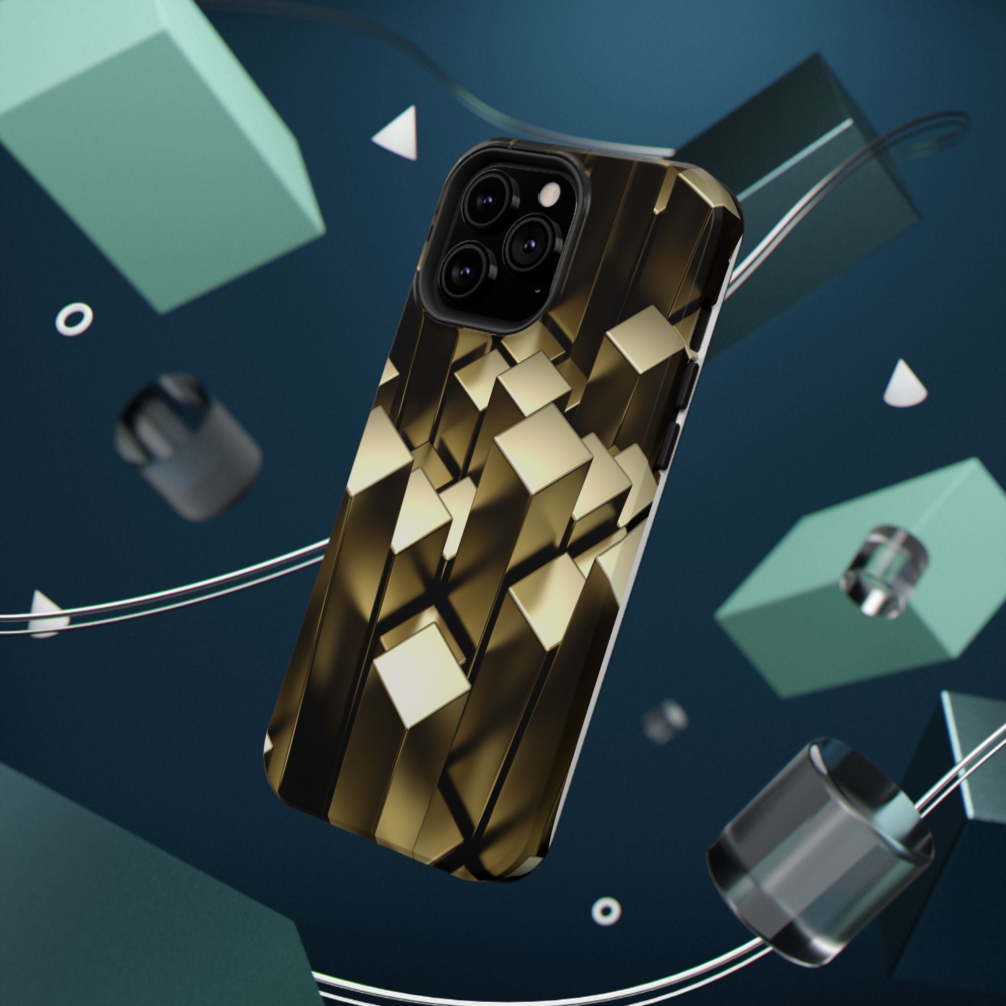 Impact-Resistant Phone Case — Gold Geometric 3D Cubes