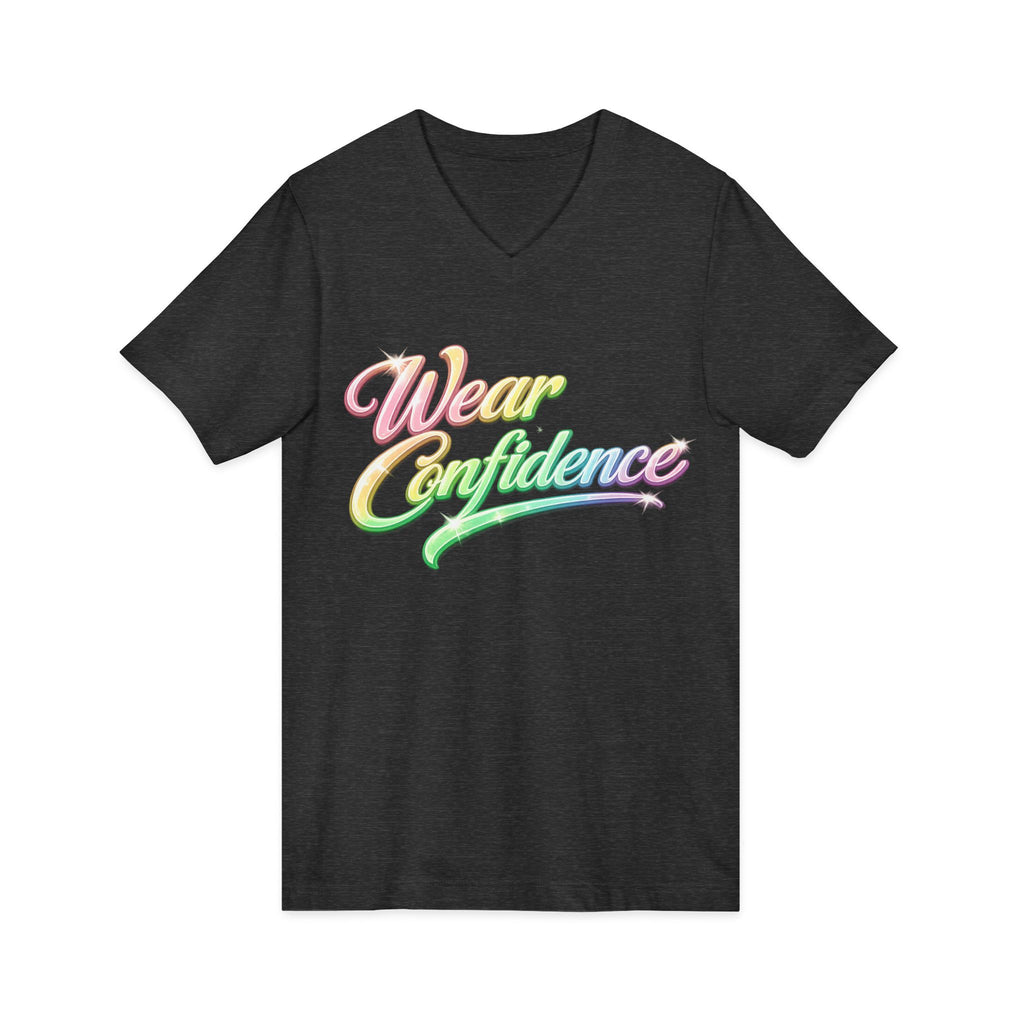 Wear Confidence V‑Neck Tee — Rainbow Script Inspirational T‑Shirt