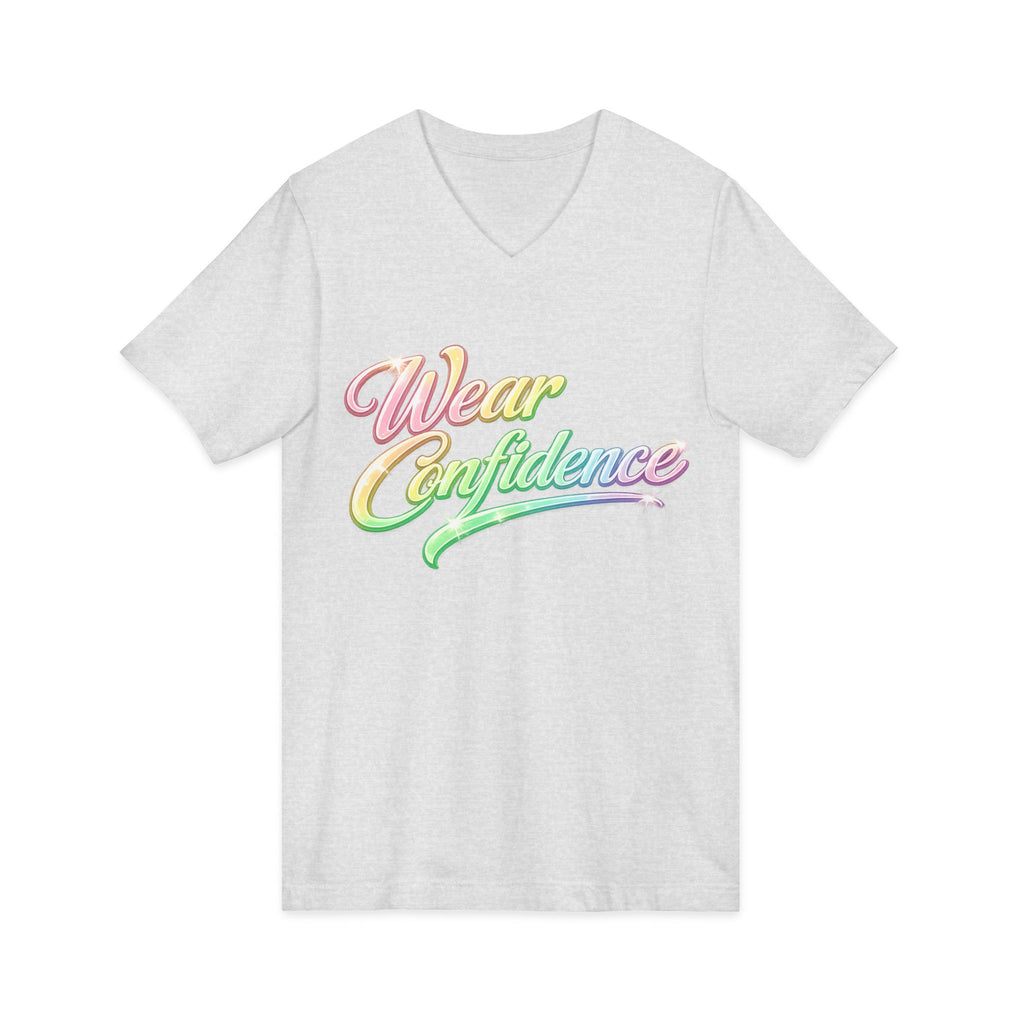 Wear Confidence V‑Neck Tee — Rainbow Script Inspirational T‑Shirt