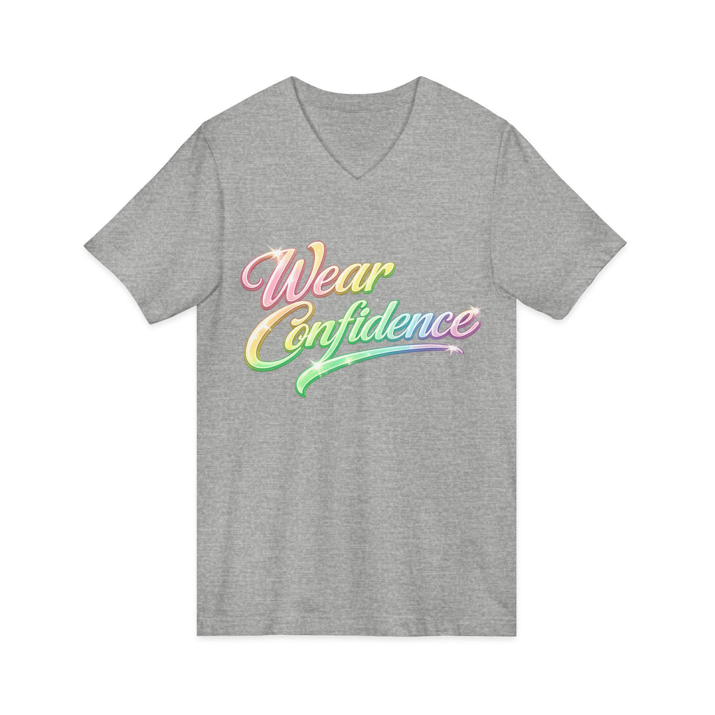 Wear Confidence V‑Neck Tee — Rainbow Script Inspirational T‑Shirt