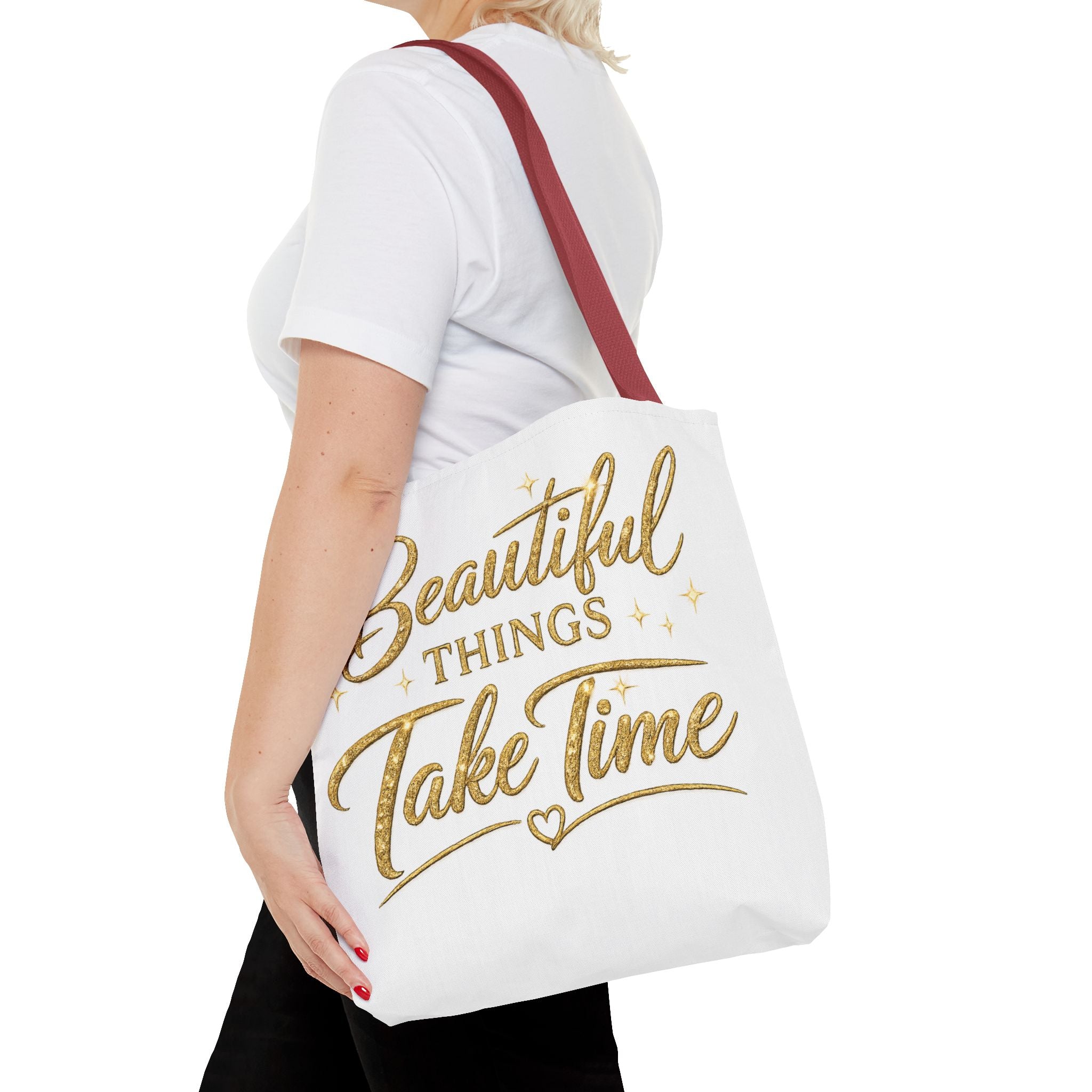 Unisex Beautiful Things Take Time Tote Bag — Inspirational Gold Script Tote