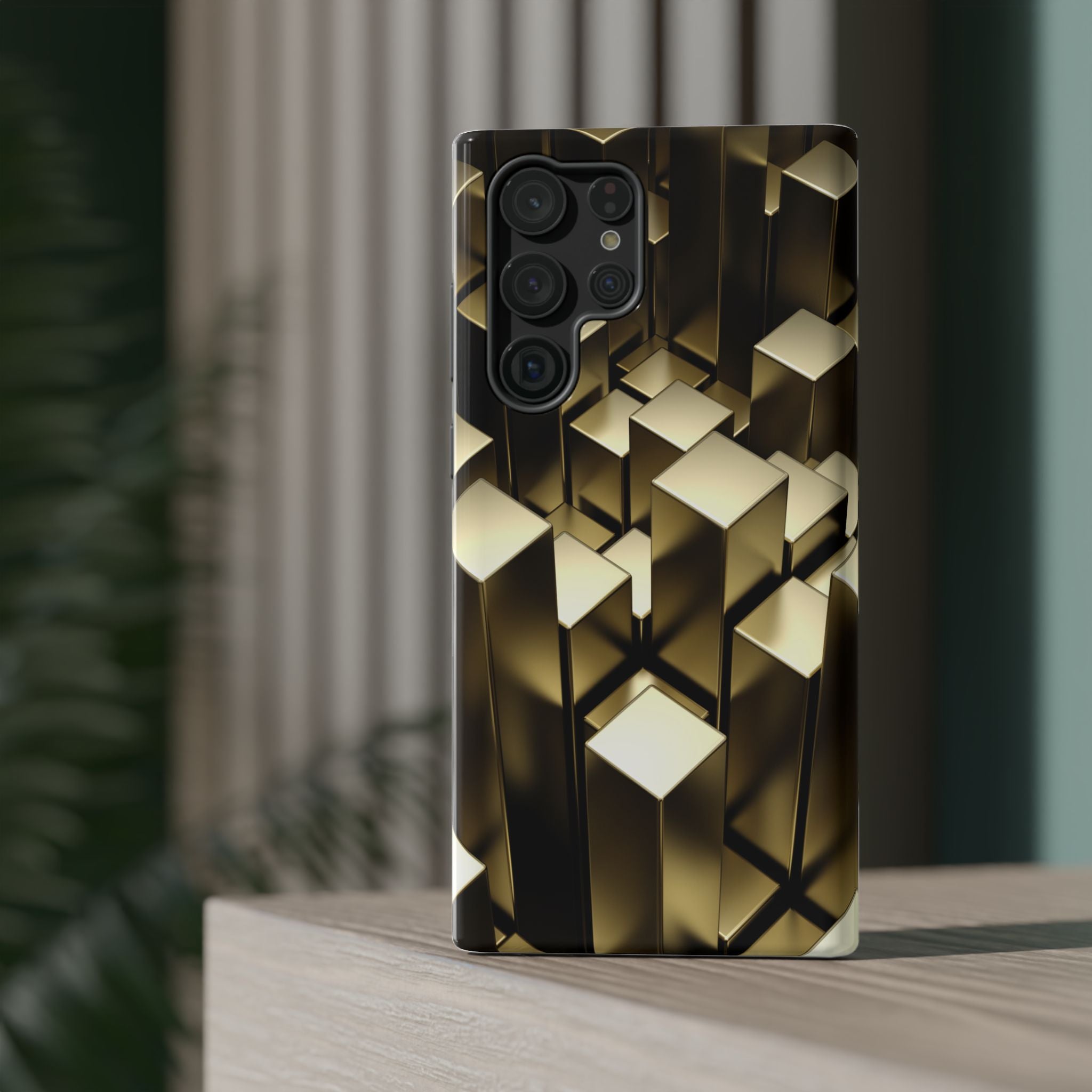 Impact-Resistant Phone Case — Gold Geometric 3D Cubes