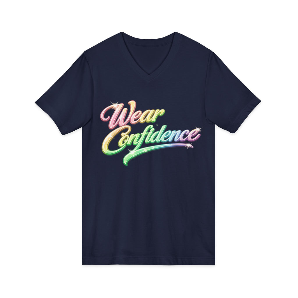 Wear Confidence V‑Neck Tee — Rainbow Script Inspirational T‑Shirt