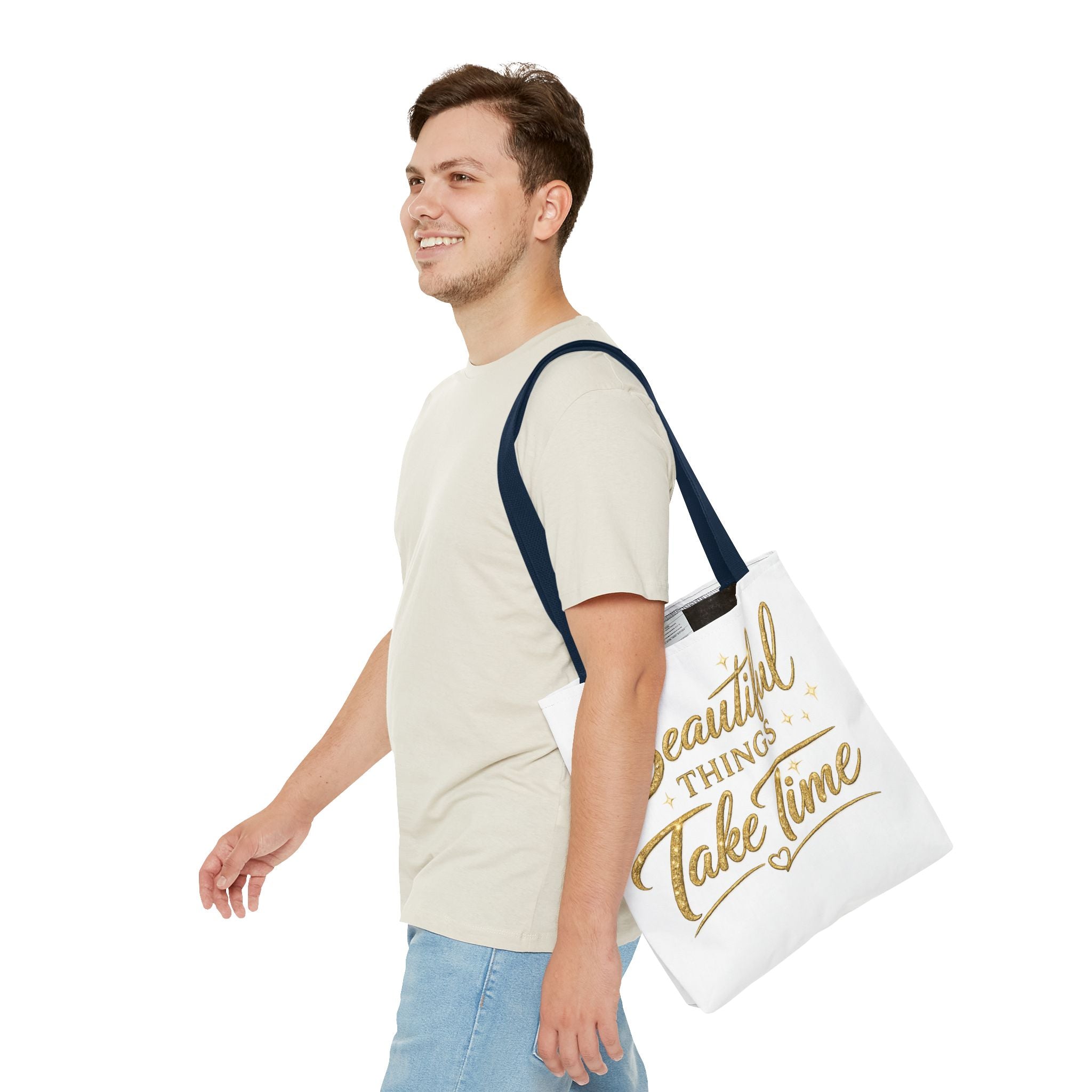 Unisex Beautiful Things Take Time Tote Bag — Inspirational Gold Script Tote